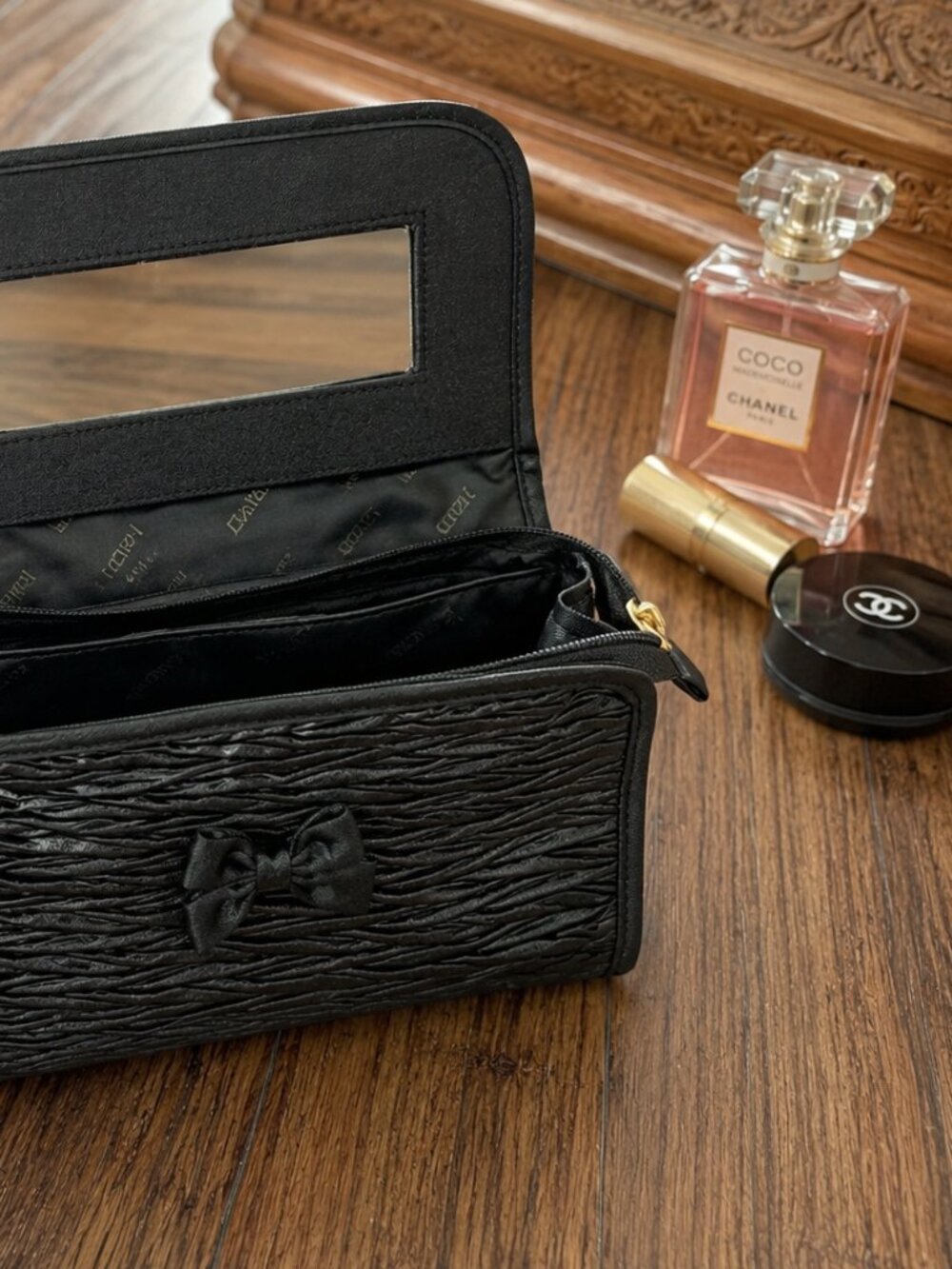 Vintage Noir Textured Black Cosmetic Bag Travel Makeup Organizer Pouch